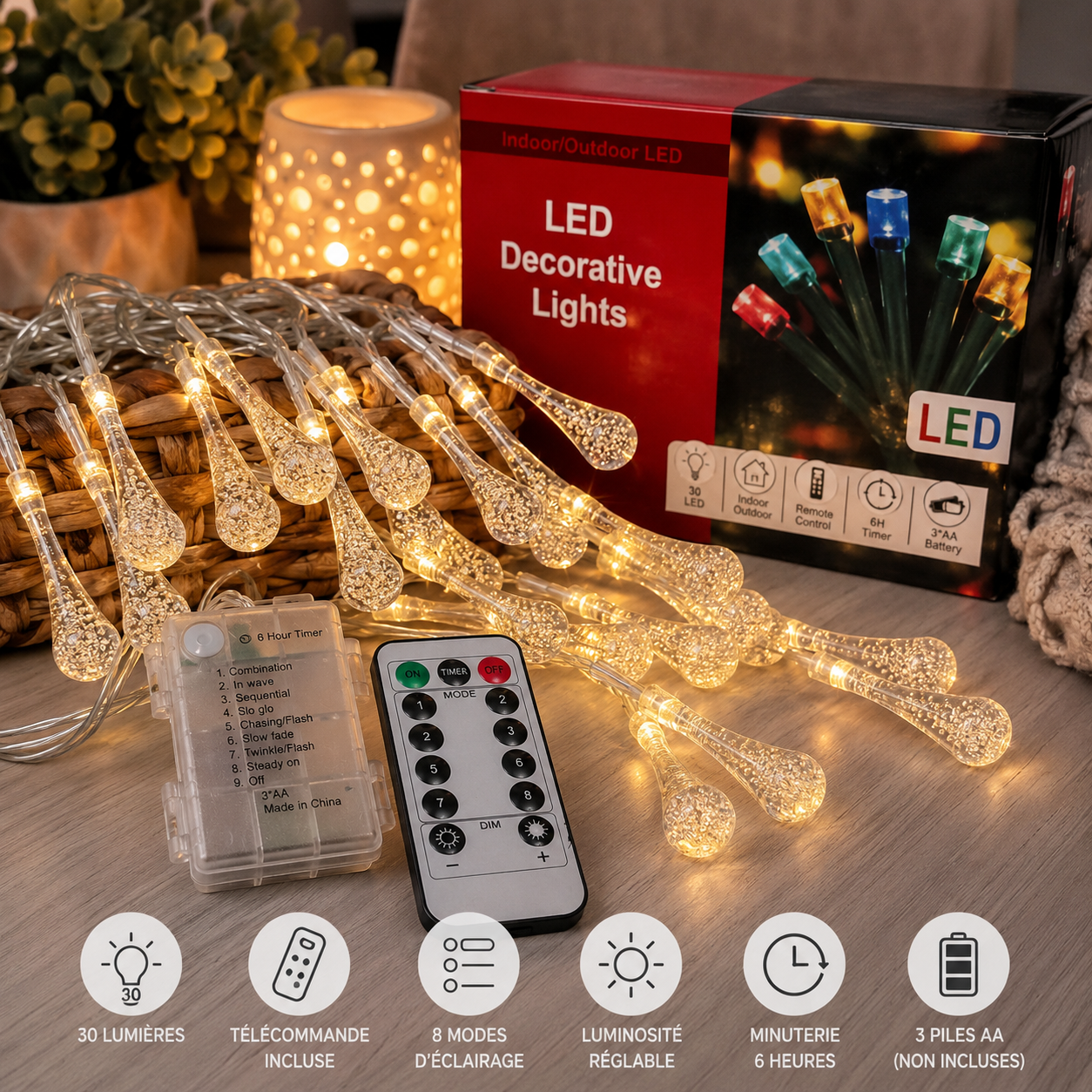 Guirlande décorative DEL – 30 gouttes | Télécommande & minuterie