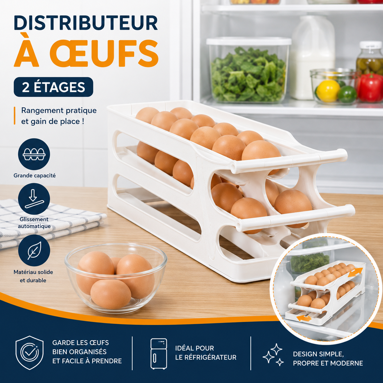 Distributeur à œufs 2 étages – Rangement pour réfrigérateur 🥚